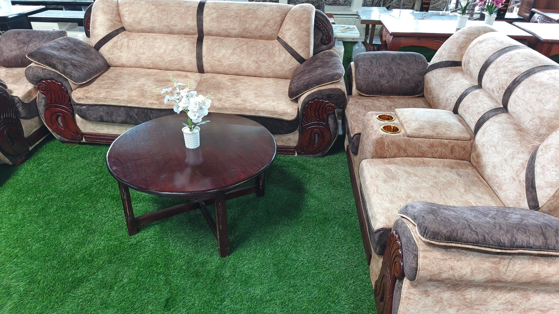 Two-Tone Suede Sofa Set with Carved Arms