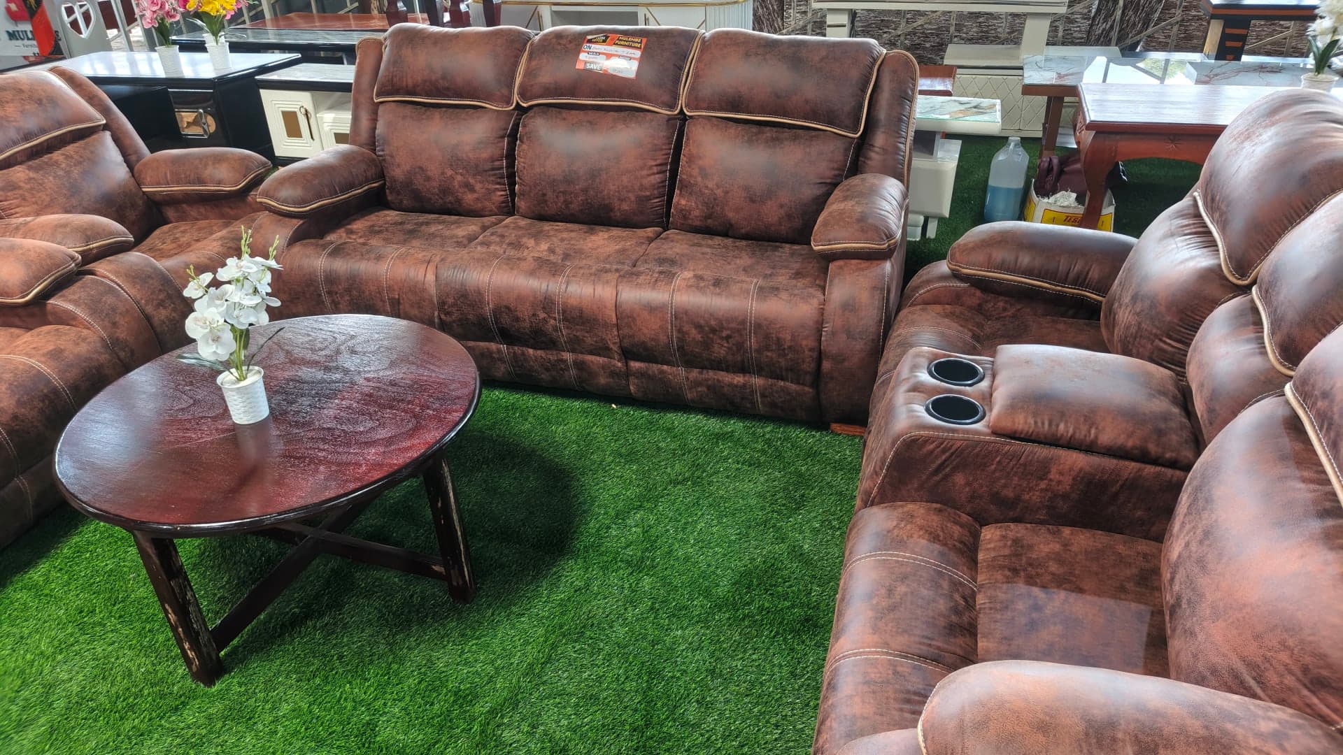 Brown Leatherette Recliner Sofa Set