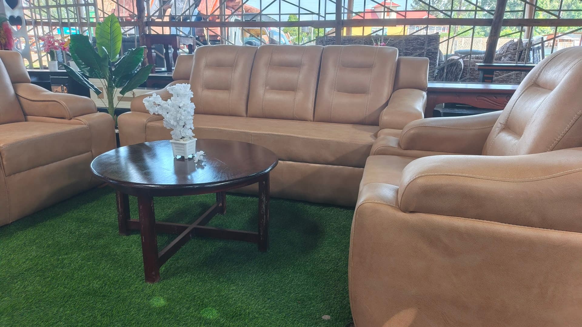 Cream Leatherette Sofa Set