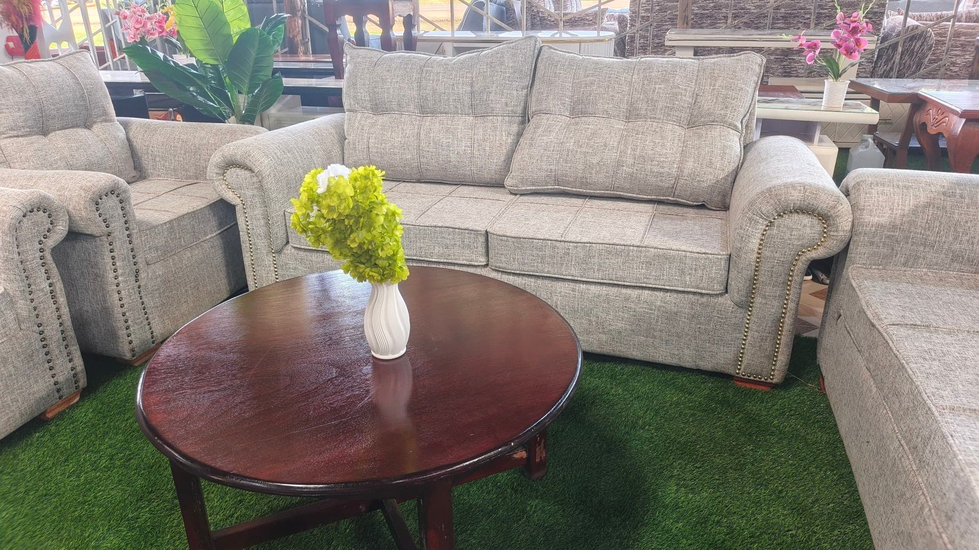 Grey Tweed Rolled-Arm Sofa Set