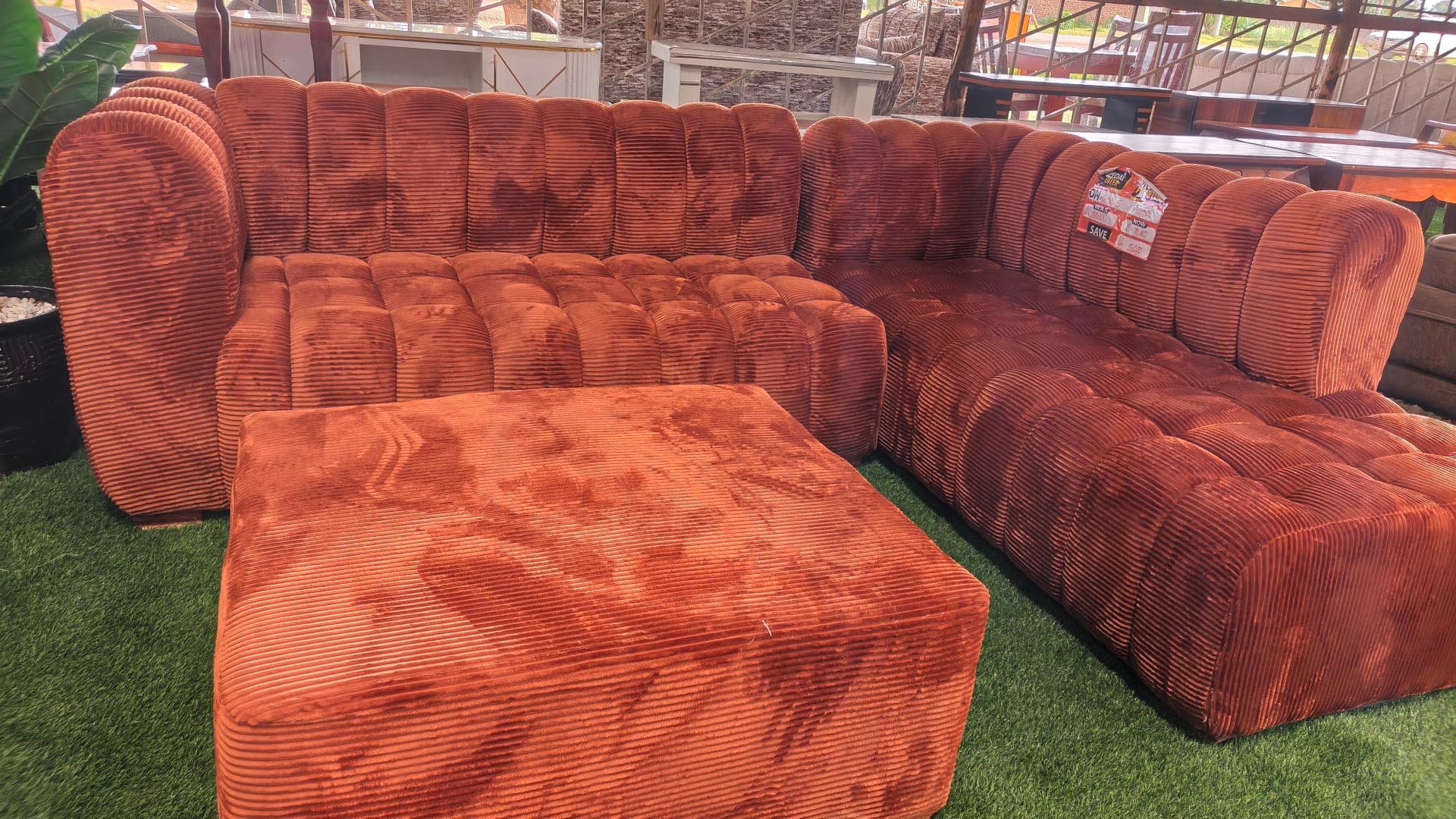 Rust Corduroy Corner Sofa with Ottoman